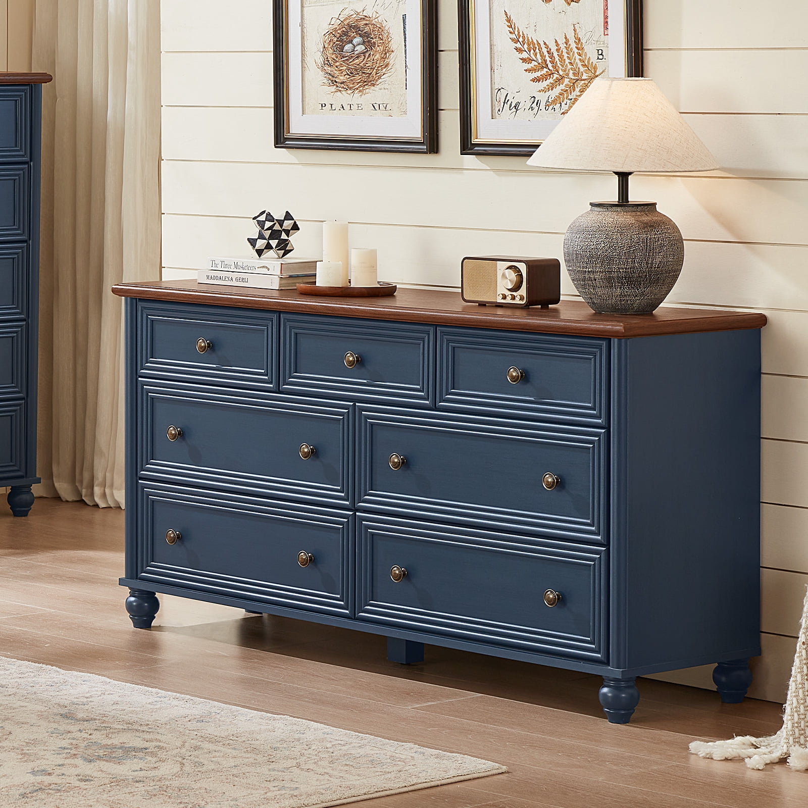 LELELINKY 7 Drawers Dresser for Bedroom, Farmhouse Chest of Drawer with Metal pull Handle, Wood Storage Cabine for Living Room, Hallway and Bedroom, Blue