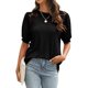 thumbnail image 1 of Camisa de media manga Empalme de encaje Cuello redondo Color puro Camiseta cómoda para mujer Negro L, 1 of 6