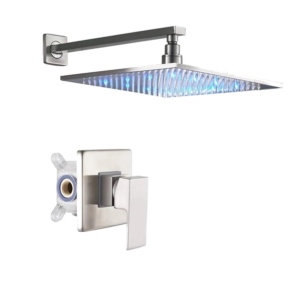 LED Brushed Nickel Bathroom Shower Faucet Set Rainfall Shower Head w/Mixer Valve