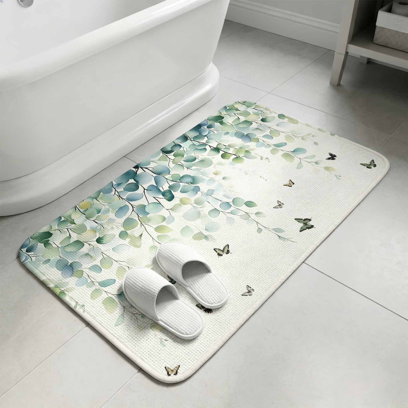 Sage Green Eucalyptus Leaves Butterfly Door Mat,Indoor Outdoor Welcome Doormat Botanical Absorbent Linen Front Door Mats Non-Slip Entrance Rug for Kitchen Bathroom Entryway,16x24in
