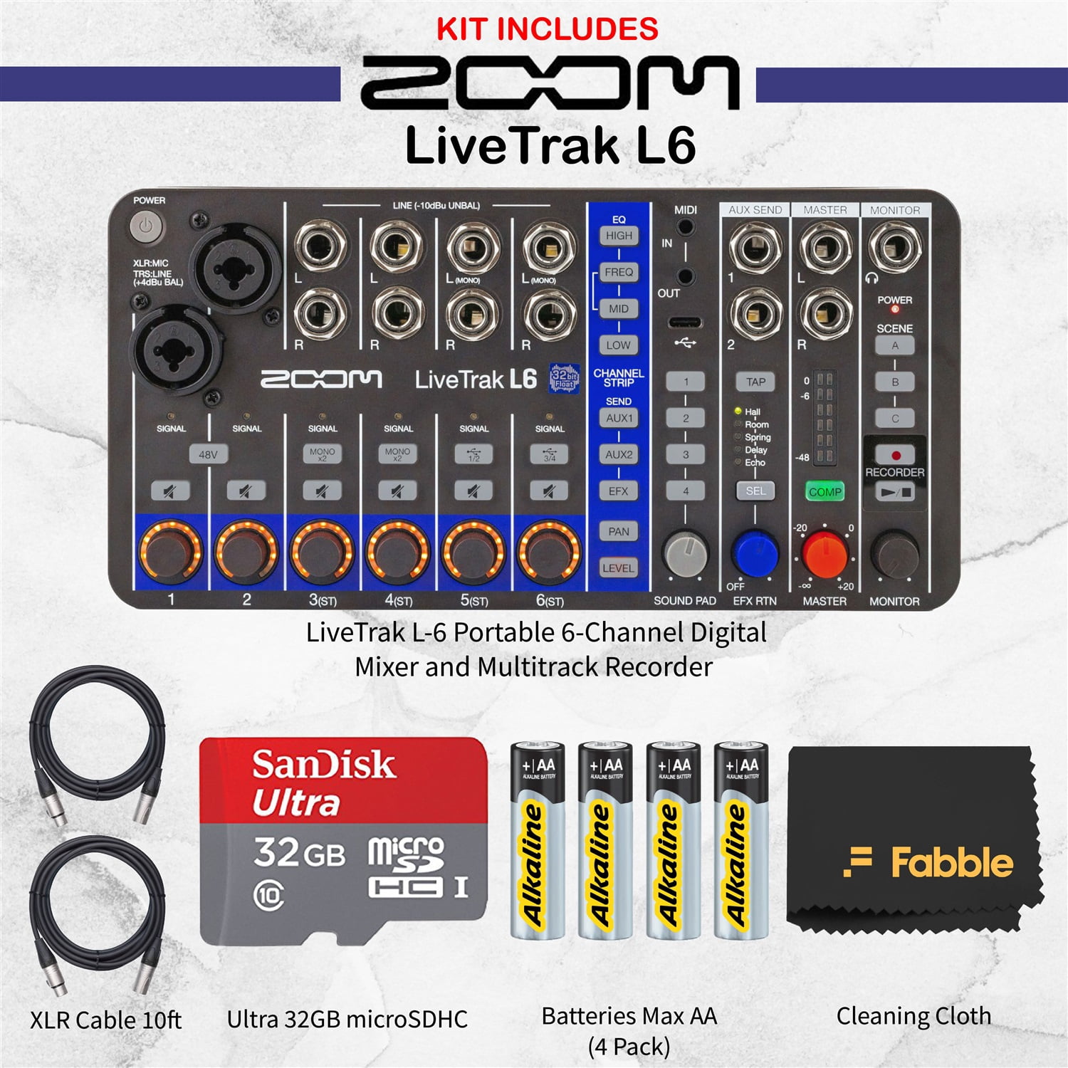 Zoom LiveTrak L6 6-Channel Digital Mixer and Multitrack Recorder Bundle with 2× 10ft XLR Cables, 32GB microSDHC Card, USB Cable, AA Batteries, Limited 1-Year Manufacturer Warranty