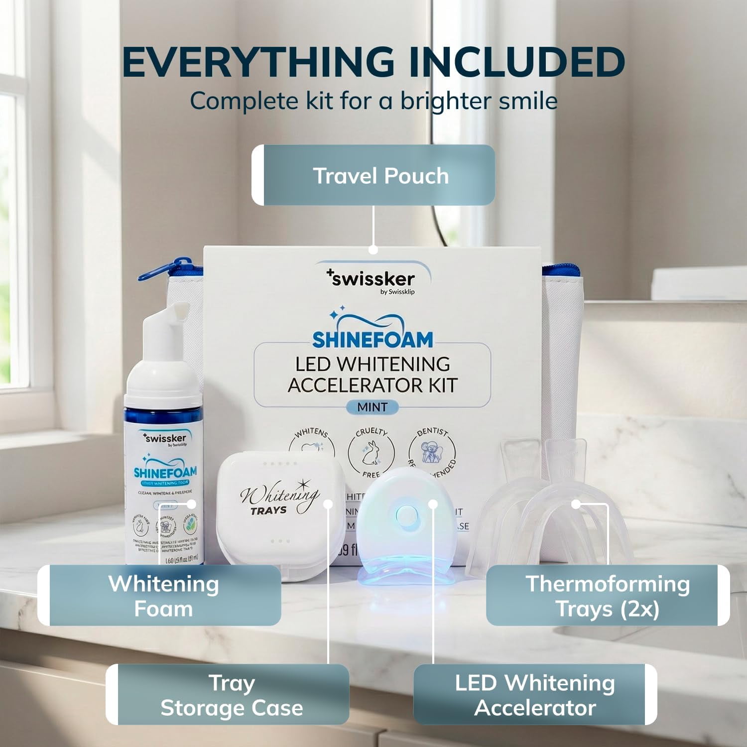 Swissker by Swissklip LED Tooth Whitening Kit — LED Light Kit with Blue Light Activation – Professional Teeth Whitener with Mouthpiece Tray – at Home Teeth Whitening Device System