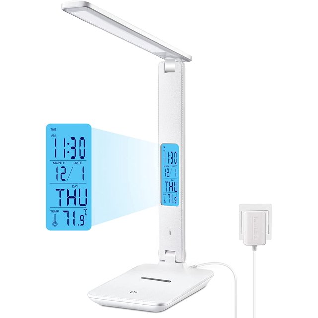Lámpara de mesa LED, función inteligente (reloj, despertador, fecha, temperatura) - lámpara de mesa táctil ajustable y plegable, 3 niveles - para oficina, dormitorio, estudio (blanco) JAMW Sencillez