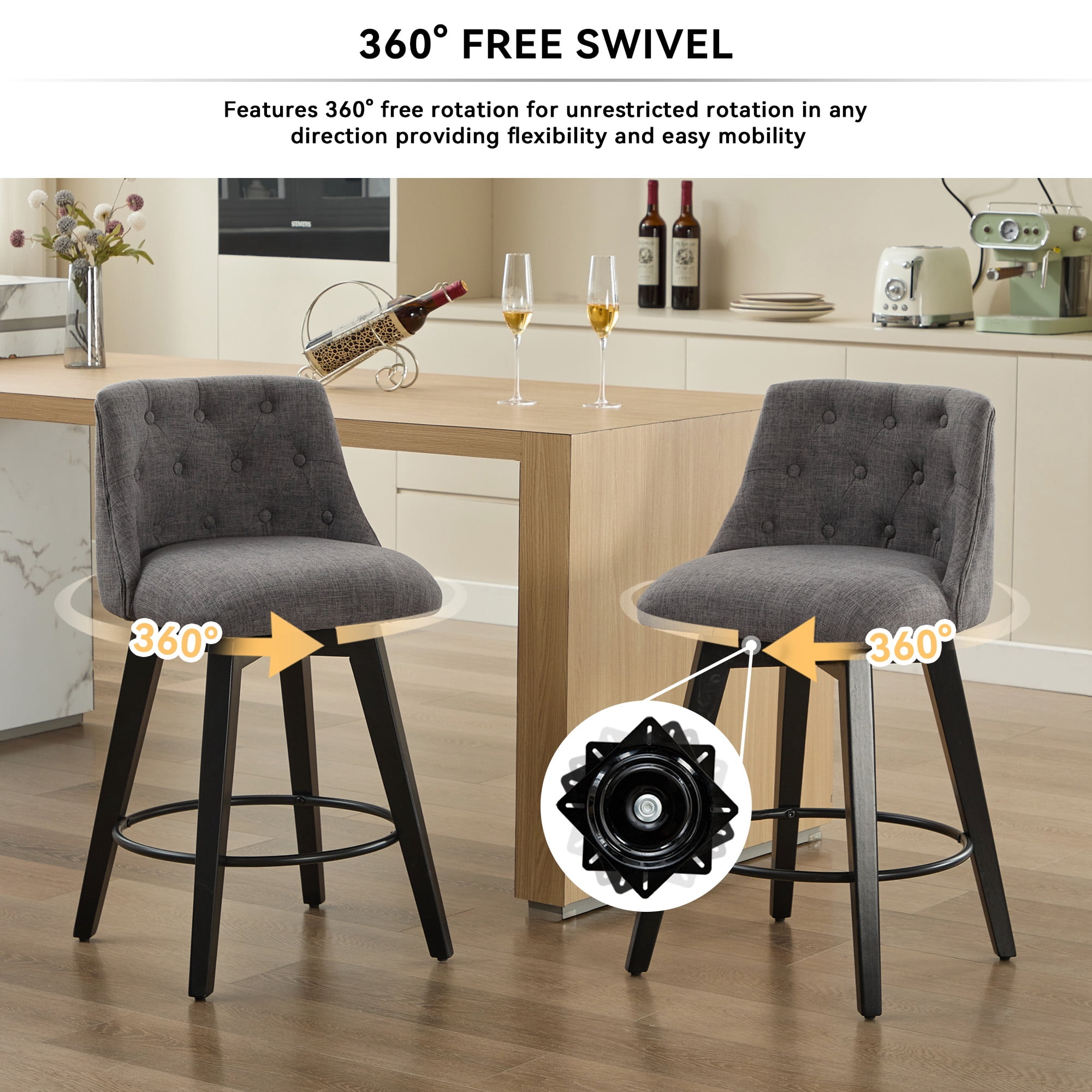 Bananova Swivel Velvet Bar Stools Set of 2, 25" Counter Height Upholstered Chairs with Tufted Back, Wood Legs & Metal Footrest, for Kitchen Island & Home Bar, Grey