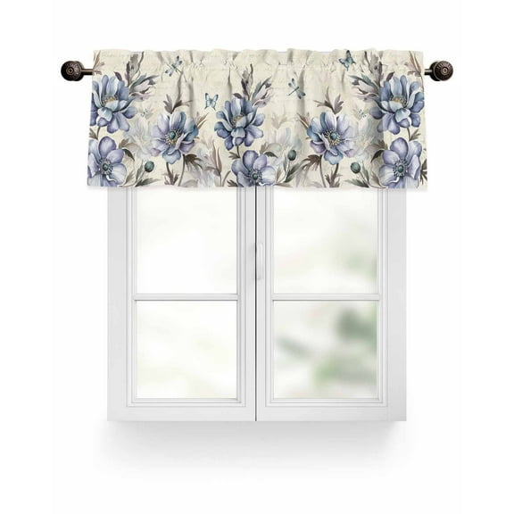 Vintage Butterfly Floral Kitchen Valances for Windows Blue Beige Valance Curtains  for Kitchen /Living Room/Bedroom/ Bathroom Decor, 42"x12 " ,Rod Pocket 1 Panel,