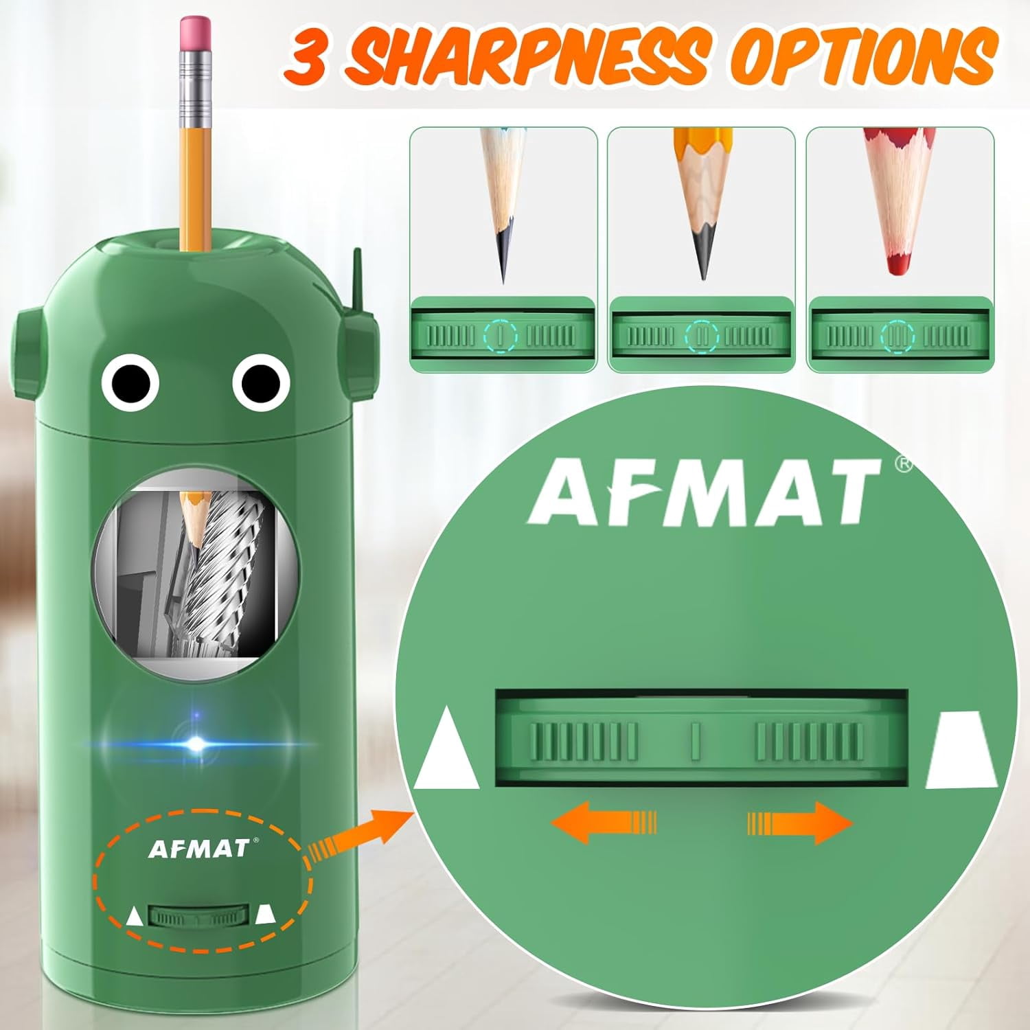 Electric Pencil Sharpener for Colored Pencils 7-11.5mm, Fully Automatic Robot Pencil Sharpener, Auto in & Out, Rechargeable Hands-Free for Classroom/Home/Office, Battery Operated, PSX5RB, Green