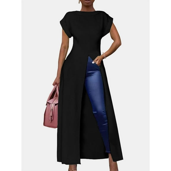 Women's Short Sleeve Open Fork Blouse Irregular High-Low Maxi T-Shirt Tops