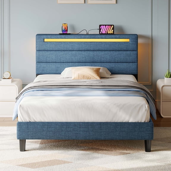 Greenstell Twin Size Bed Frame with Upholstered Storage Headboard and LED Light, Bed Platform with Charging Station, USB Ports, Under-bed Storage, Blue