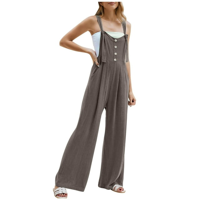 2DXuixsh Rompers for Women Women's Solid Color Buttoned Strap Jumpsuit Sleeveless Pantsuit Romper Wide Leg Loose Jumpsuit Rompers Grey Size M