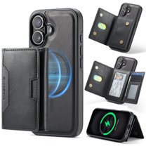 Case For IPhone 16 6.1" RFID Blocking Protective Purse Case With Magsafe 7-card Slots Kickstand 2 In 1 Detachabl Flip Shockproof Protective Leather Cover,Black,For iPhone 16