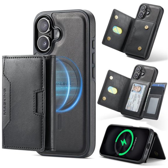 Case For IPhone 17 Funda Protectora RFID de 6,3" con Ranuras para 7 Tarjetas Magsafe, Soporte 2 en 1, Funda Protectora de Cuero Desmontable a Prueba de Golpes, Negro, For IPhone 17