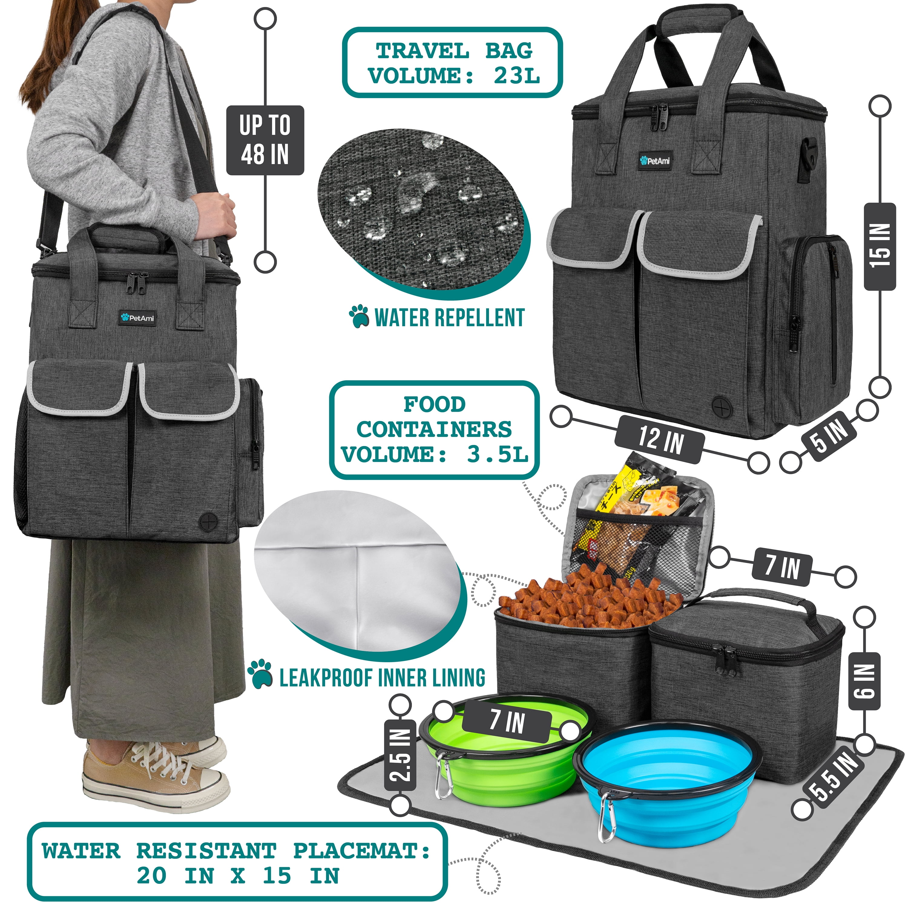 PetAmi Dog Travel Bag Pet Supplies Accessories Organizer For Traveling, Camping, Weekend; Cat Pet Travel Bag Kit includes 2 Food Storage Containers, 2 Collapsible Bowls, 1 Feeding Mat (Dark Gray)