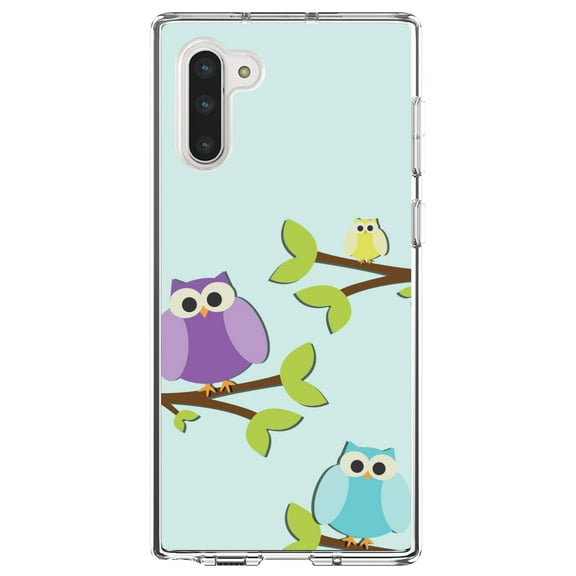 DistinctInk Clear Shockproof Hybrid Case for Samsung Galaxy Note 10 (6.3" Screen) - TPU Bumper, Acrylic Back, Tempered Glass Screen Protector - Blue Purple Yellow Owls - Cartoon Owls