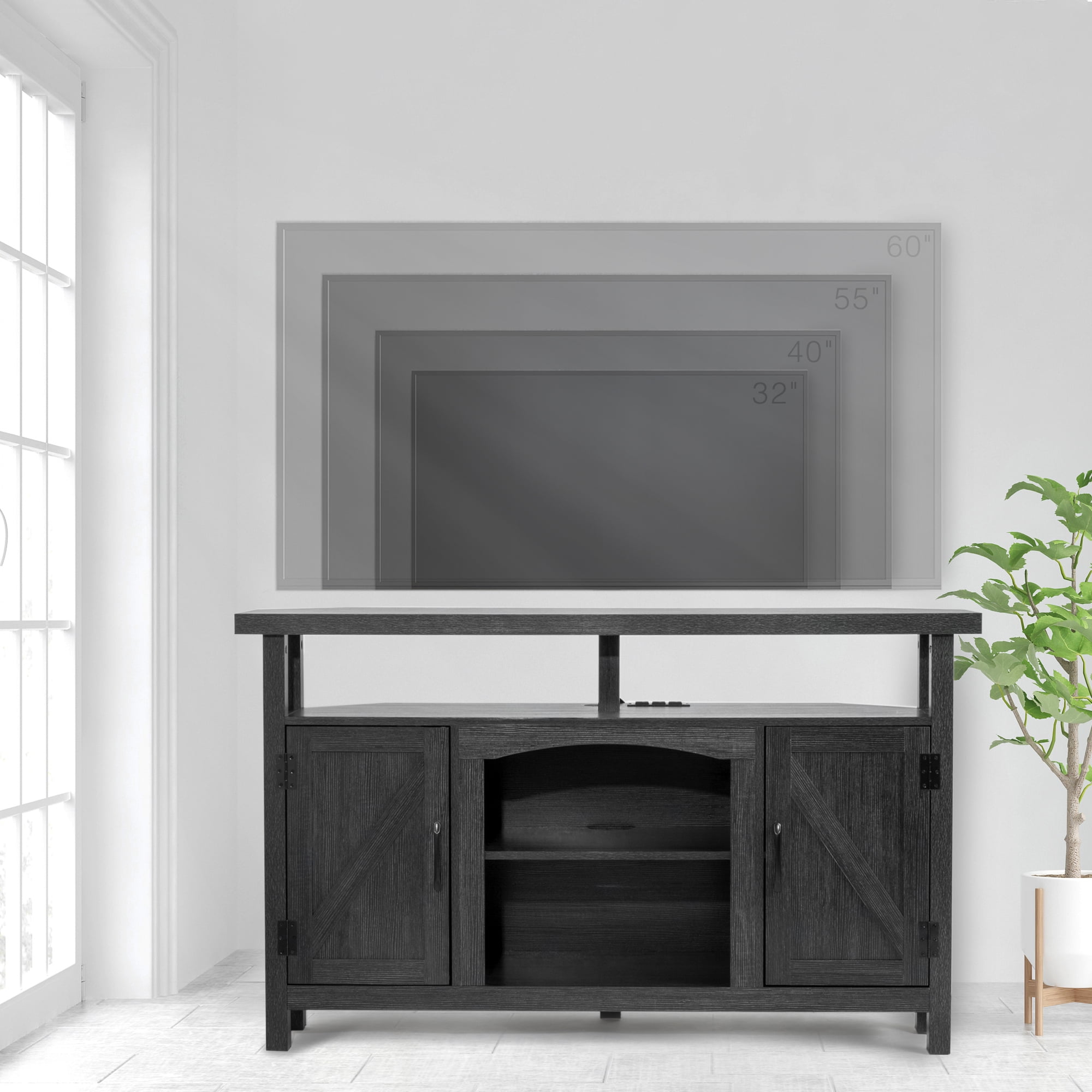 StorageWorks Farmhouse Corner TV Stand for TVs up to 60", Entertainment Center with Sliding Barn Doors and Storage Cabinets, Antique Black