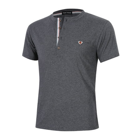 Young Horse Men Cotton Short Sleeve Pocket Slim Fit Henley T-shirt Color:Grey