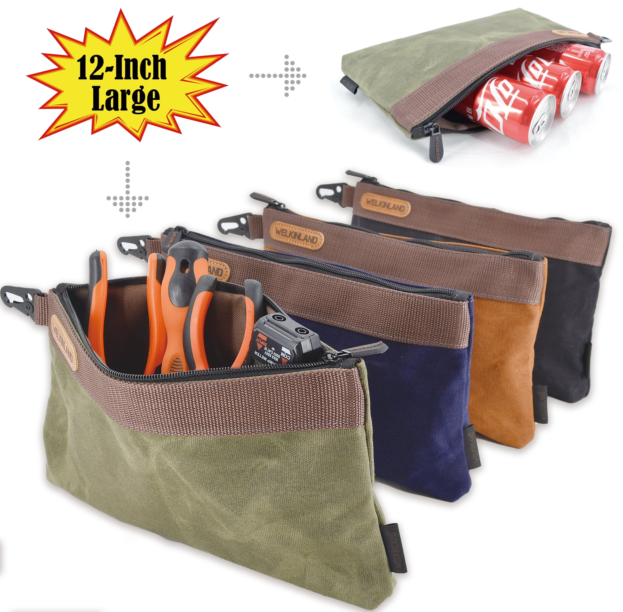 WELKINLAND Heavy-Duty Canvas Tool pouch, 4PCS Tool pouches, 12" Tool pouch, Waxed Canvas zipper tool pouch, Canvas socket bag, Canvas tool bag zipper, Tool pouch bag, Zipper tool pouch