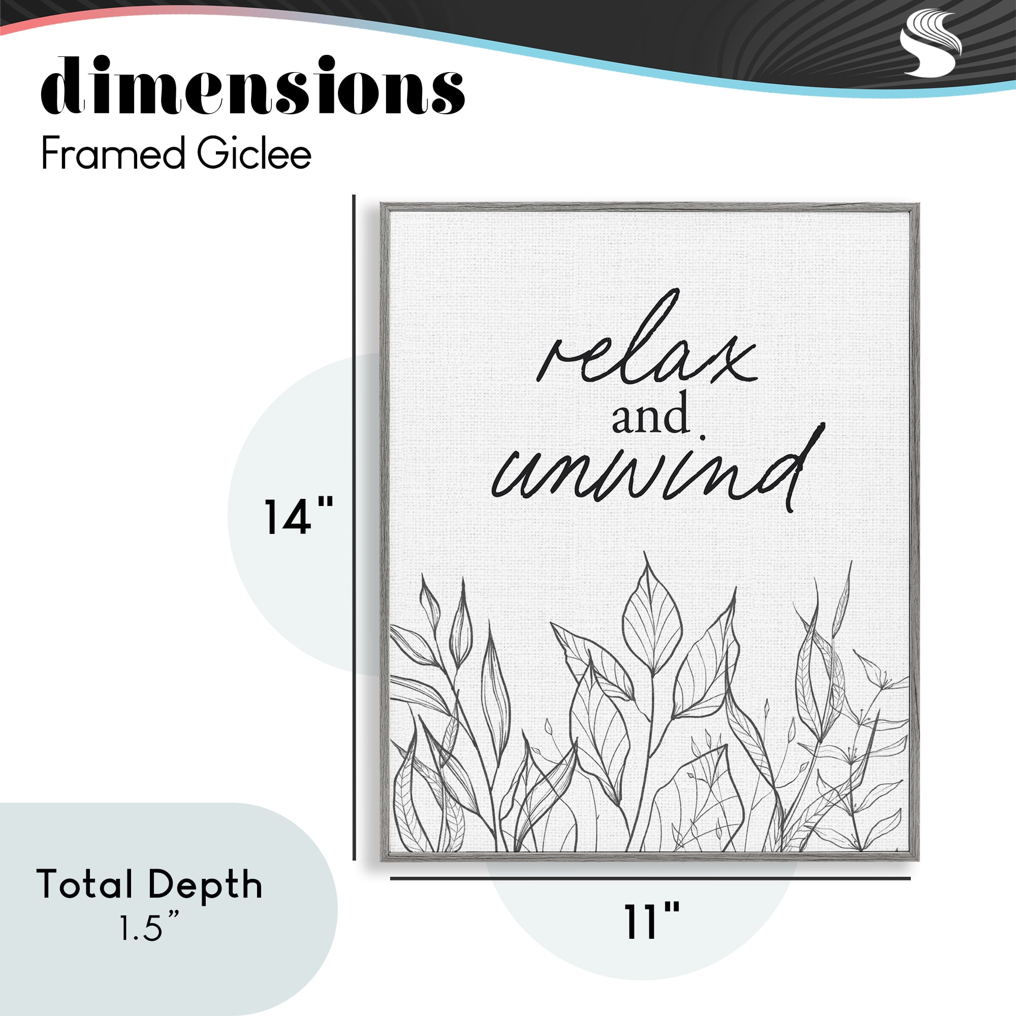 Relax Unwind Minimalist Leaves Gray Framed Giclee Art, design by Lettered and Lined