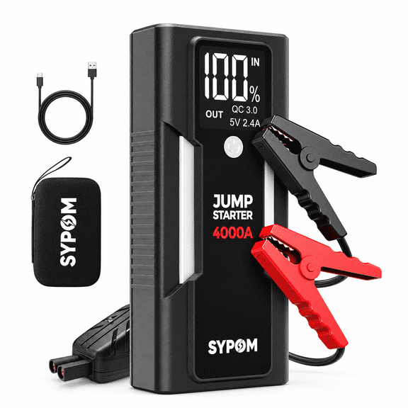 4000A Peak Car Jump Starter, 12V Portable Battery Booster for All Gas & Up to 10L Diesel Engines, 70 Starts, LCD Display, Dual USB Power Bank, 1000LM LED Flashlight, EVA Case