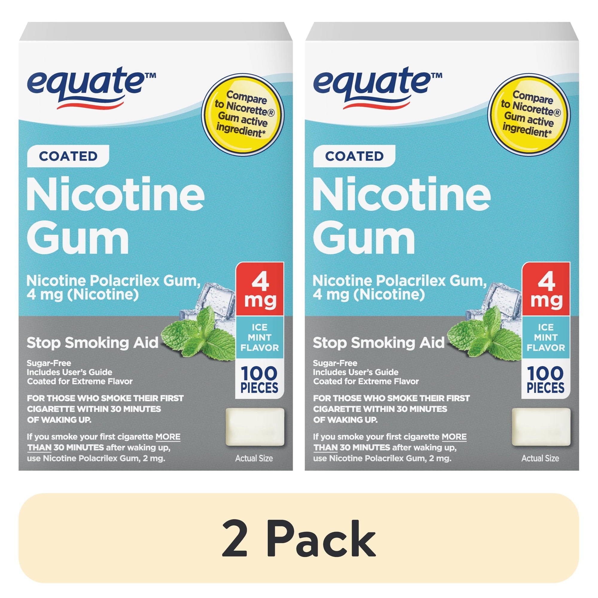 (2 pack) Equate Nicotine Gum 4 mg, Stop Smoking Aid, Ice Mint Flavor, Coated, 100 Count