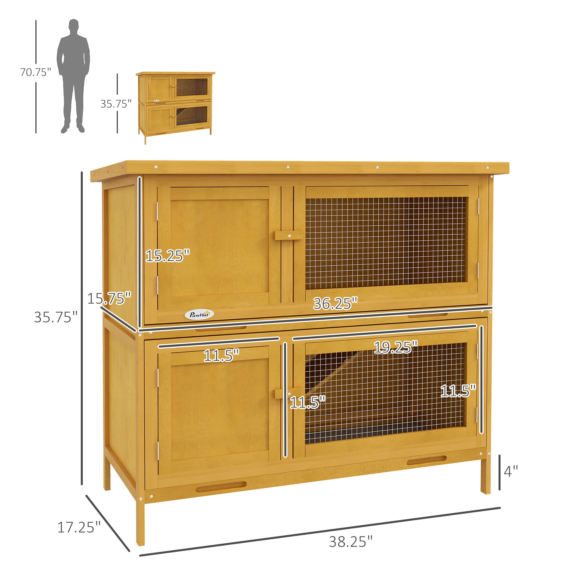 PawHut Wooden Bunny Hutch Rabbit Hutch Small Animals Habitat with Ramp, Removable Tray and Weatherproof Roof, Indoor/Outdoor, Yellow