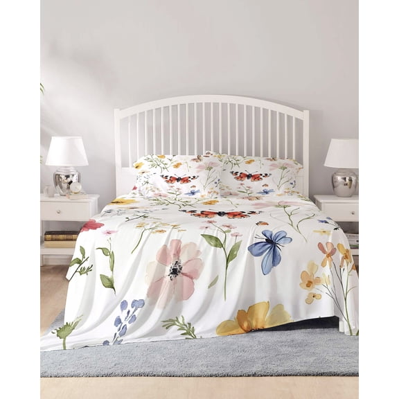 4 Piece Queen Sheet Set Spring Botanical Floral Sheets Set for Queen Size Bed, Breathable Soft Microfiber Bed Sheets Cooling Rustic Butterfly Flowers Fitted Sheet Deep Pocket, Pillowcases