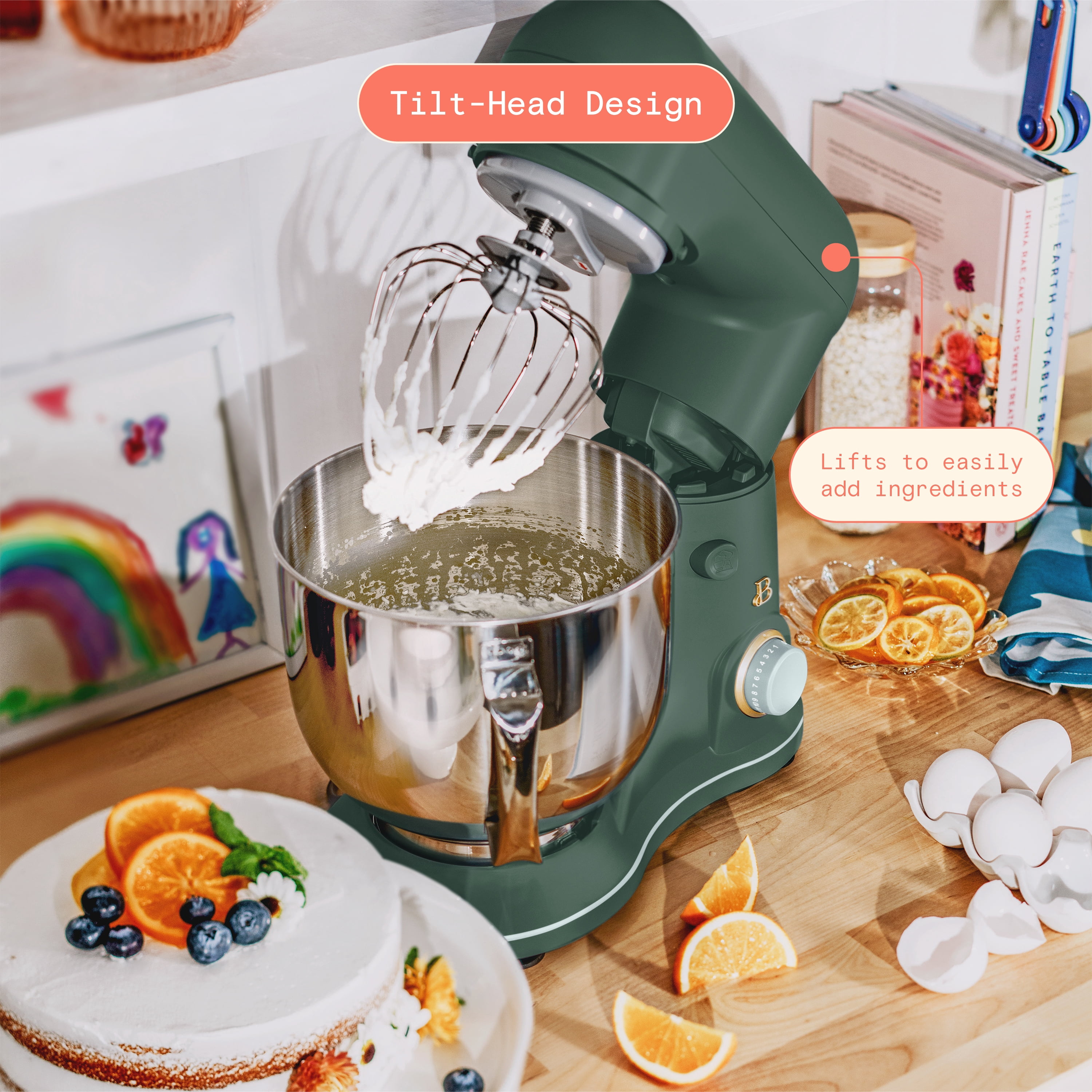 Beautiful 5.3 Qt Tilt-Head Stand Mixer with Flat Beater, Dough Hook & Balloon Whisk, Thyme Green and Hydrangea by Drew Barrymore