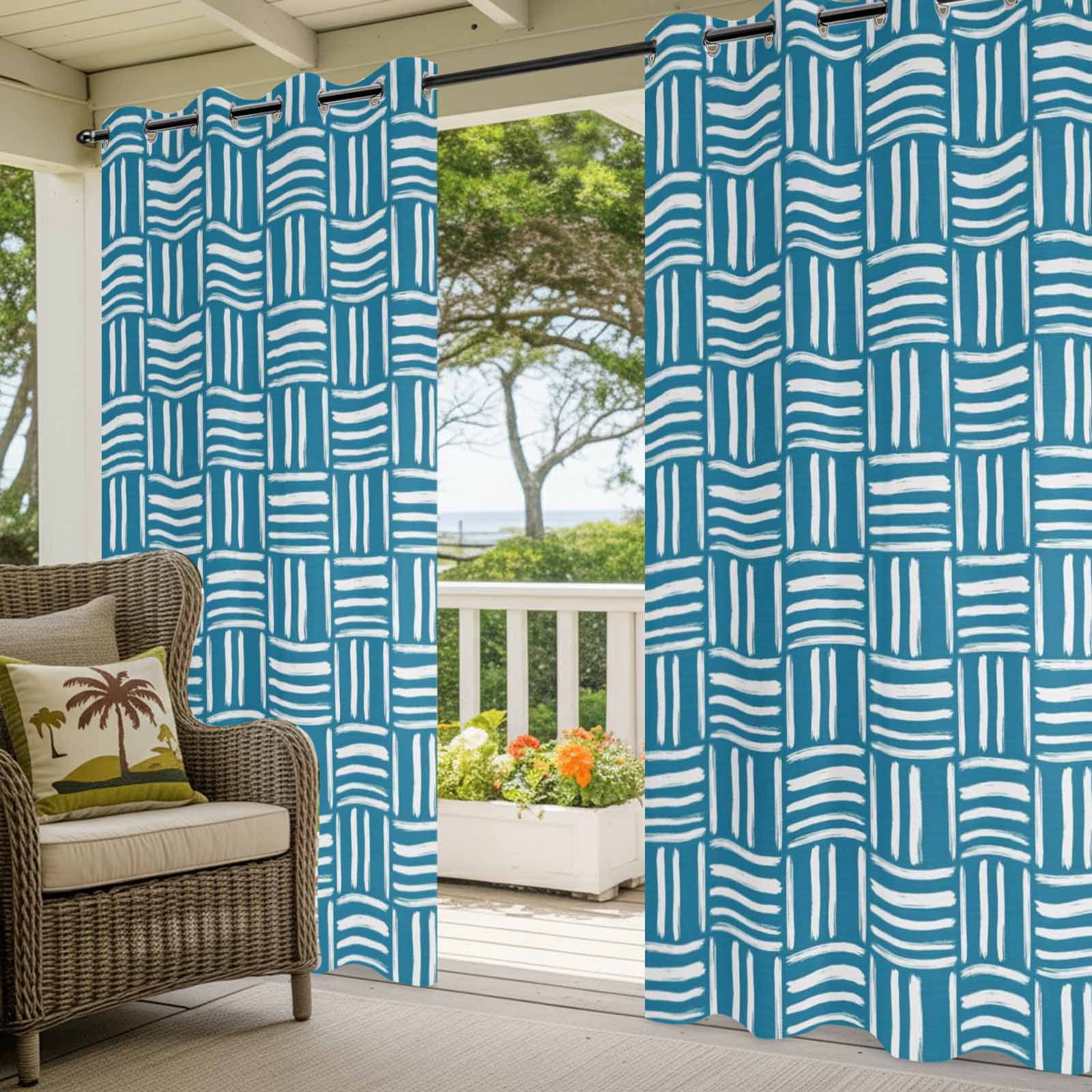 Blue Woven Texture Outdoor Curtains for Patio, Modern Minimalist Navy Blue Grid Pattern Sunshade Privacy Drapes Grommet Waterproof Outside Curtains for Porch/Cabana/Balcony 54"x 108", 1 Panel