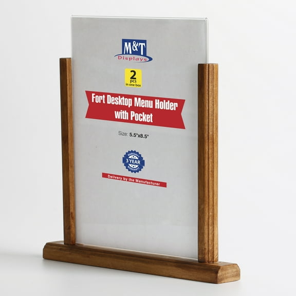 M&T Displays Classic Desktop Menu Holder with Acrylic U Type Pocket, Portrait Table Top Sign Holder, Ad Frame for Restaurant, Store, Wedding, Party, Event (2 Pack) (Dark Wood, 8.5x11)