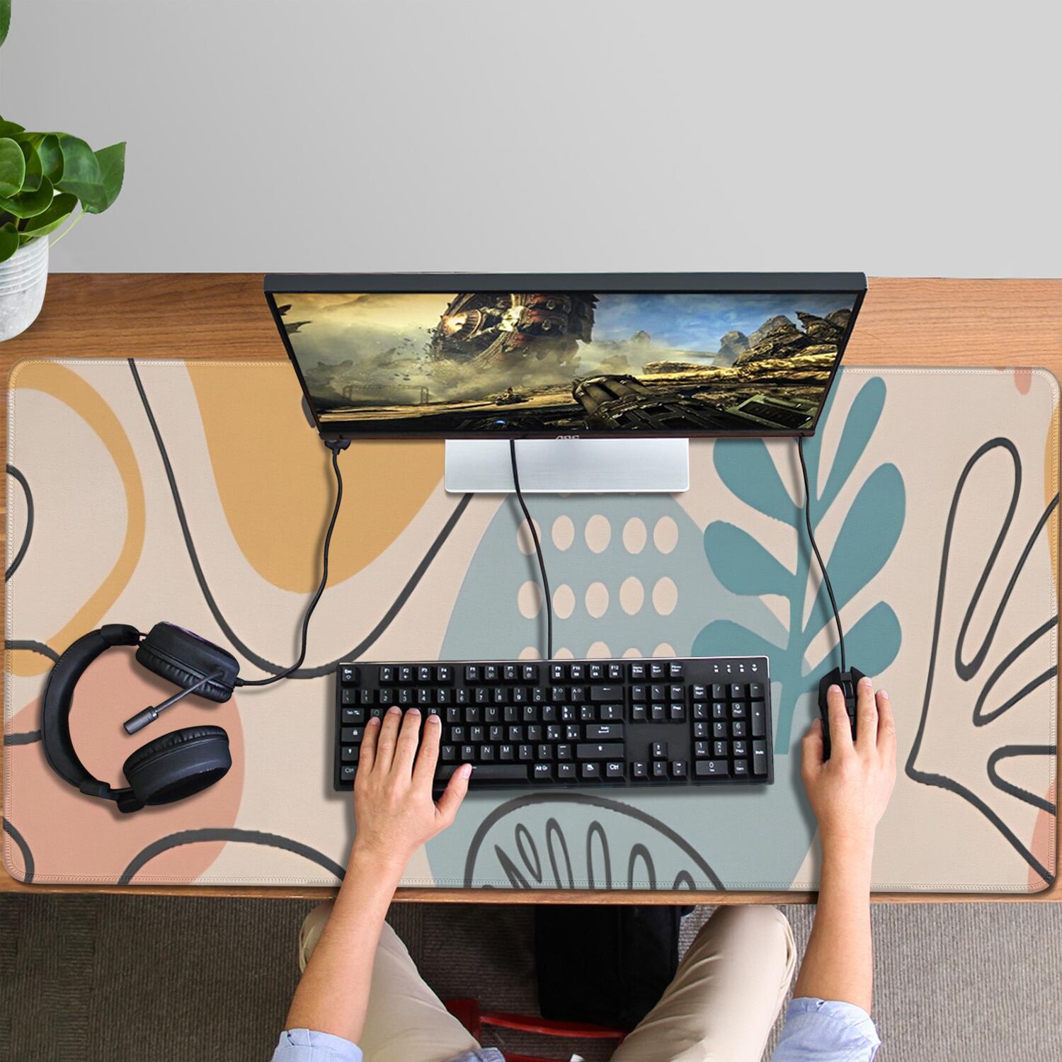 Long Mouse Pads for Desk,Orange Boho Abstract and Plant Pattern Desk Mats on Top Of Desks, Desk Mouse Pad Extra Large with 3mm Non-Slip Base and Stitched Edge for Gaming,Office,Work,Home 47.3"x23.6"