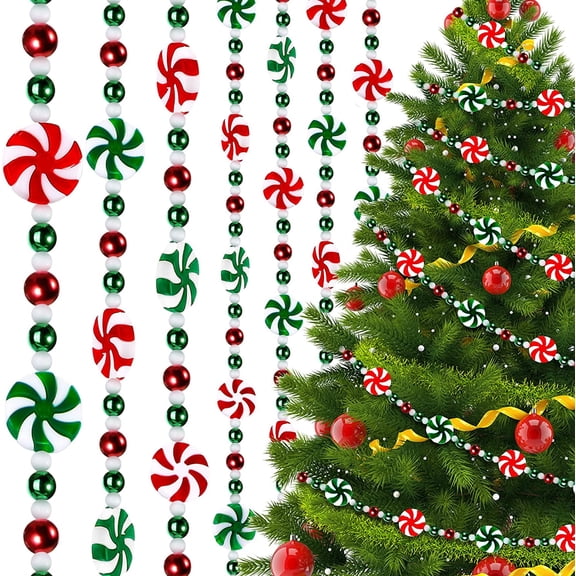 XEAZON Peppermint Candy Christmas Tree Bead Garland, 8 Ft Red White & Green Swirl Ornament String for Xmas Tree, Fireplace Mantel, Wreath and Holiday Home Decorations (1PC)