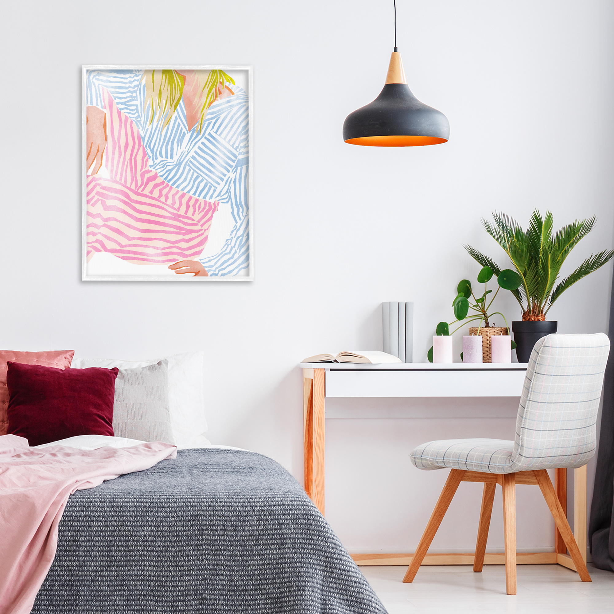 Female in Pastel Stripes White Framed Giclee Art, design by Ziwei Li