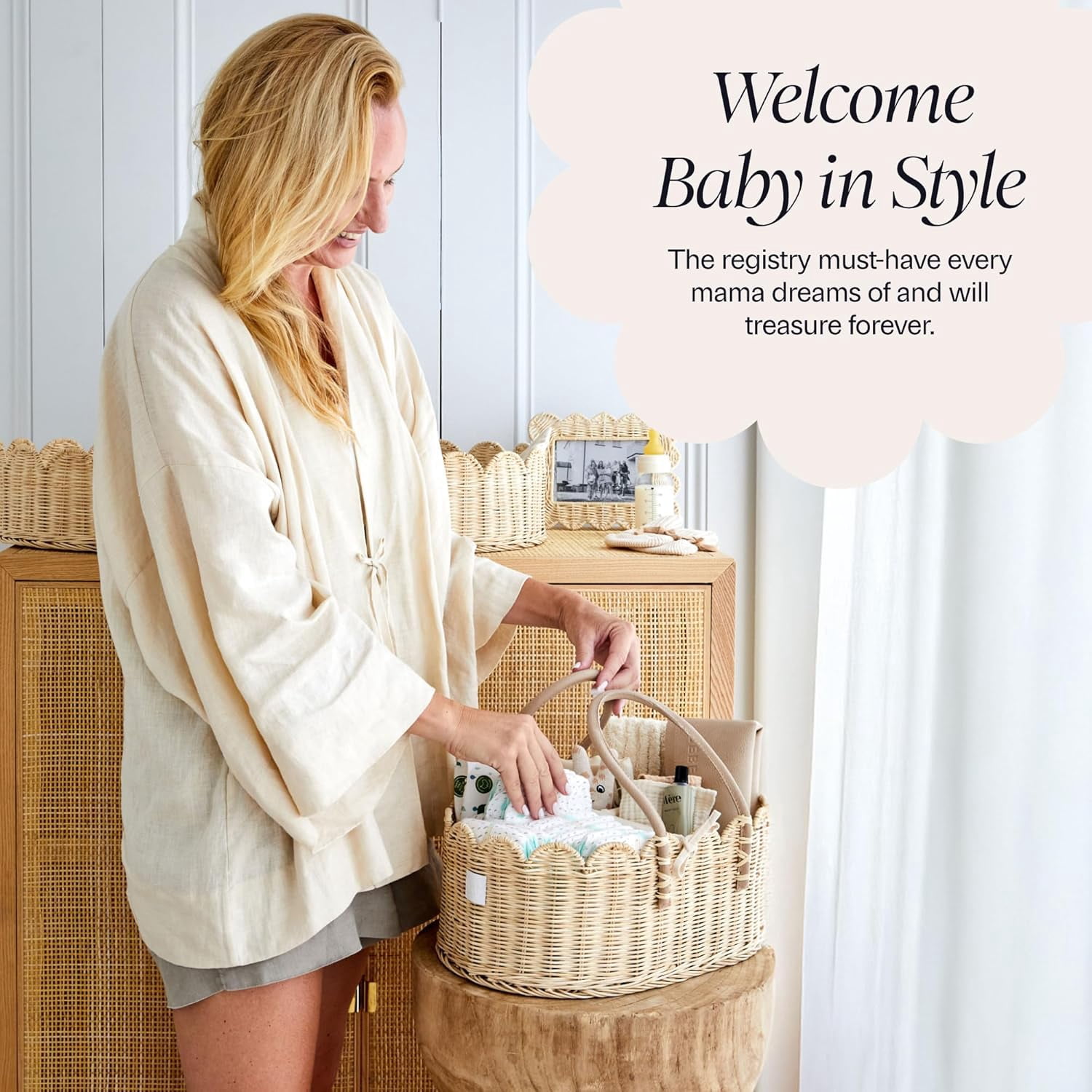 Premium  Diaper Caddy Organizer - Handmade & Award-Winning Scalloped Rattan Basket