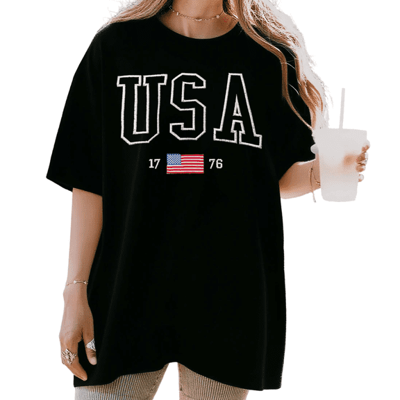 UNISHE Women's USA 1776 American Flag Graphic Short Sleeve T-Shirt Breathable Cotton Crewneck Top