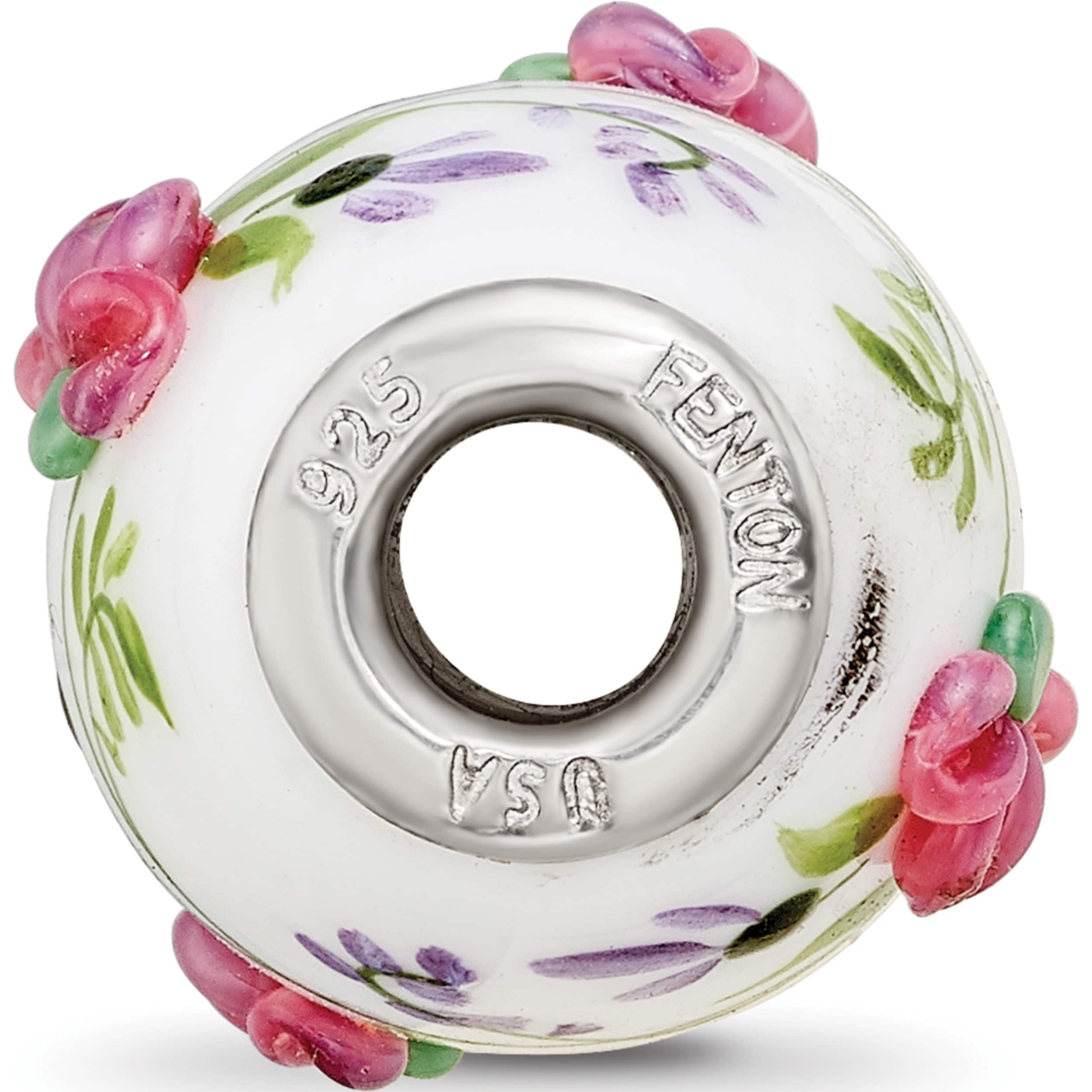 Sterling Silver White Hand Painted Floral Fenton Glass Bead Made In United States qrs3651