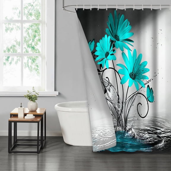 LVRLVR Turquoise Chamomile Fabric Shower Curtain - Blue Flower Modern Bathroom Decoration, Red and Pink, 70.8" x 70.8"