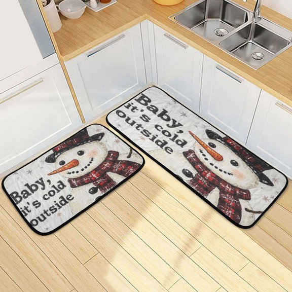Kitchen Rugs and Mats【2 PCS】Non Skid Adorable Smiled Snowman Pattern Creative Kitchen Mat