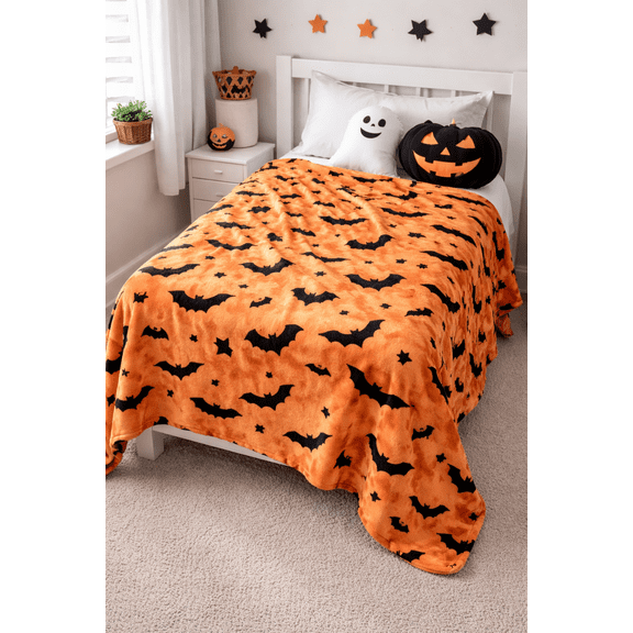 Serafina Home Halloween Throw Blanket: Soft Black Bats Silhouette on Orange Velvet Fleece for Sofa Bed Couch Chair Dorm