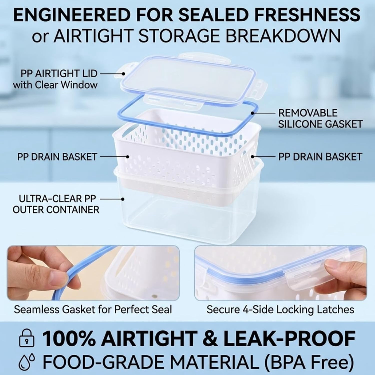 4 in 1 Food Storage Container,Produce Keeper Containers for Fridge-Including Drain Basket,Multifunctional Airtight Container