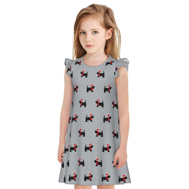 Fotbe Polka Dot Christmas Dog Vestido de Dormir para Niñas de 3 a 10 Años, Mangas Cortas, Estilo Princesa, Pijama Camisón con Mangas Voladas-Medium