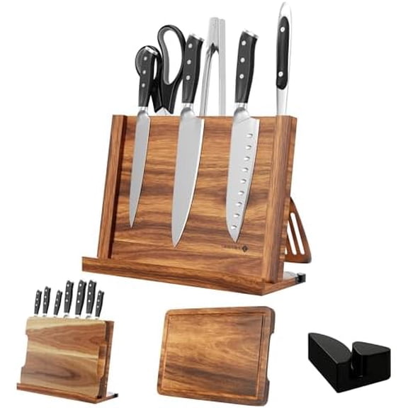 3 in 1 Magnetic Knife Block Stand, 14"x10" Cutting Board, Knife Sharpener - Wooden Magnetic Knife Holder with Strong Magnets - Acacia Display Holder Double Sided Storage Rack Magnets for Knives