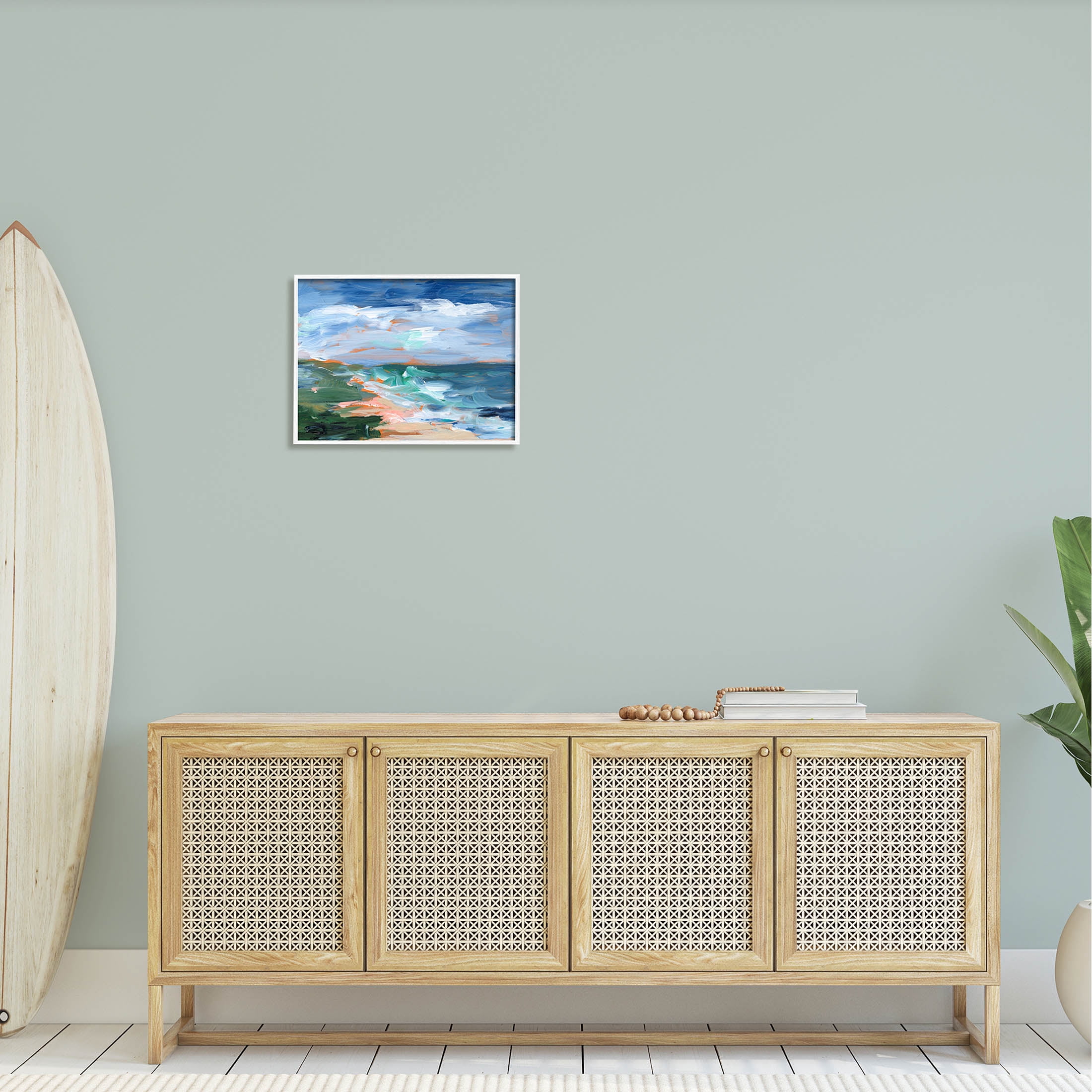 Crashing Beach Waves Abstract Scene Landscape Painting White Framed Art Print Wall Art