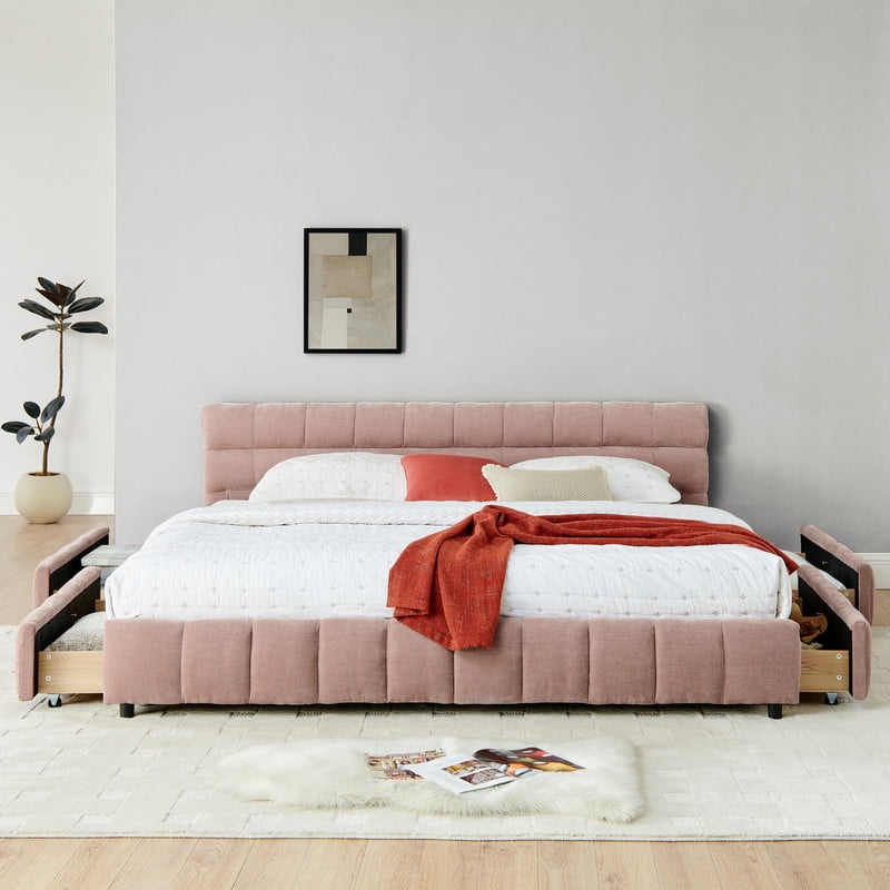 King Size Upholstered Platform Bed with 4 Storage Drawers, Low-Profile Chenille Grounded Bed with Headboard and Solid Frame, No Box Spring Needed