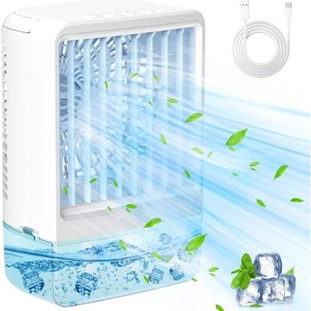 FHWM-C Mini Portable Evaporative Air Coolers Cool Mist & 2/4H Timer, Personal Air Conditioner Fan with 7 Colors Light, Cold Wind & Intuitive Button Indicator. Easy to Operate-White