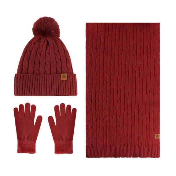 Anhility Womens Beanie Hat Scarf Gloves Set Casual Solid Color Velvet Winter Warm Thicken Cozy Cap with Pom Pom, Long Knit Scarf 3 in 1 Set Gifts for Mom Daughter Wife or Friends, Red