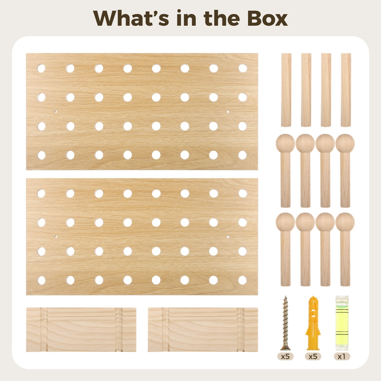 2 PCS Wooden Pegboards, Wood Pegboard Combination Kit, Wall Display Wooden Pegboard with Floating Shelves & Wooden Sticks, Wall Mounted Storage Shelf Organizer for Entrance Living Room Office