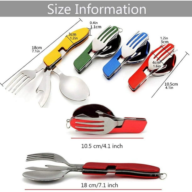 Cubiertos Plegables Camping 4 En 1 - Acero Inoxidable, Incluye Cuchillo, Tenedor, Cuchara Y Abrebotellas