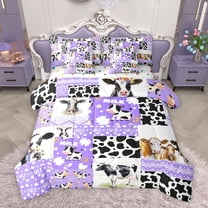Homewish Fashion Cow Print Bedding Comforter Set 7pcs, Rustic Farmhouse Animal Queen Bedding Sets, Dreamy Purple Patchwork Reversible Queen Sheet Sets, Breathable Home Decor