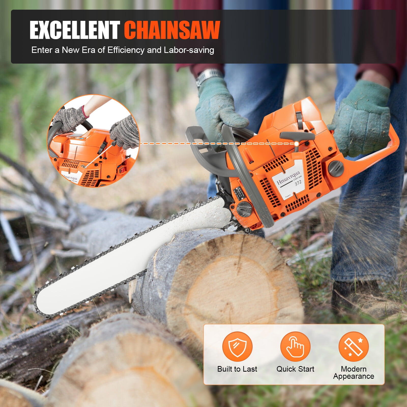 PEAKORA72cc Gas Powered Chainsaw with 24'' Guide Bar Saw Chain 2-Stroke Engine Cut Wood