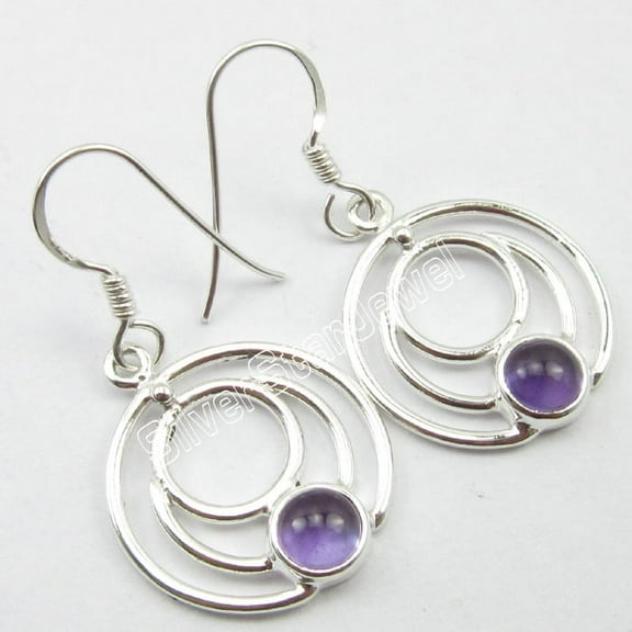 SilverStarJewel Fashion Women's Jewelry, 925 Pure Silver Amethyst Round Wire Earrings 1.4"