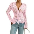 thumbnail image 2 of Lace Tops for Women Long Sleeve See Through Sheer Mesh Crop Top Shirt Open Front Tie Blouse Ruffle Pink M, 2 of 9